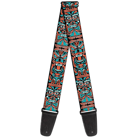 Guitar Strap - Totem Carvings Black White Orange Turquoise