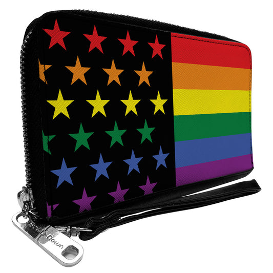 Women's PU Zip Around Wallet Rectangle - Flag American Pride Rainbow Black