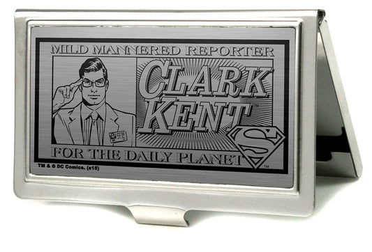 Business Card Holder - SMALL - CLARK KENT Pose MILD MANNERED REPORTER FOR THE DAILY PLANET Brushed Silver Black