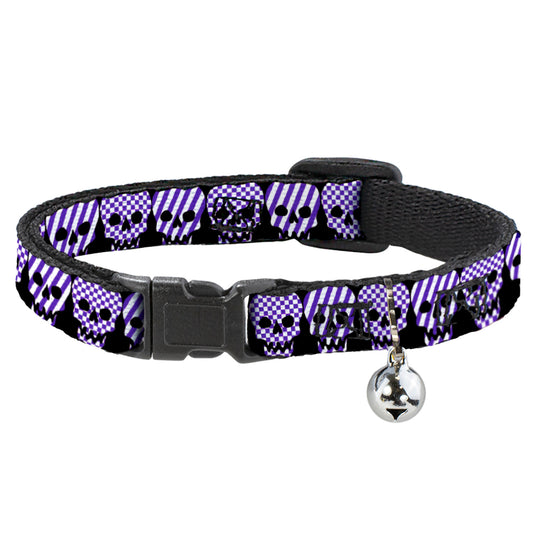 Cat Collar Breakaway - Checker & Stripe Skulls Black White Purple