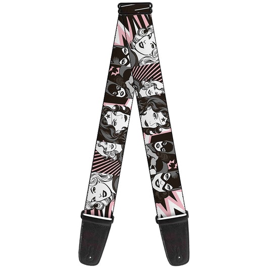 Guitar Strap - Batgirl Wonder Woman Supergirl Retro Panels Black Pink White