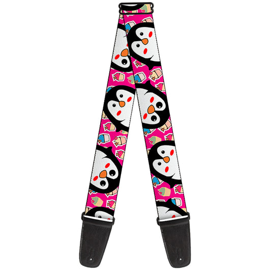 Guitar Strap - Penguins w Cupcakes Fuchsia Purple White