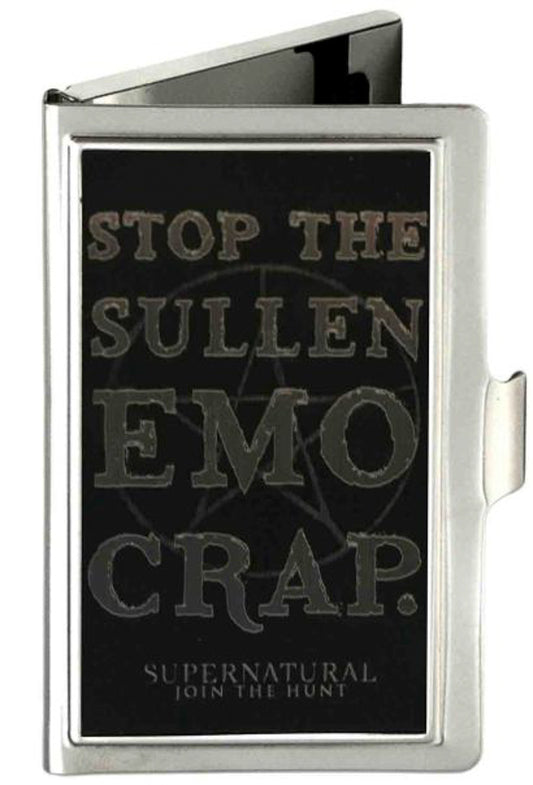 Business Card Holder - SMALL - STOP THE SULLEN EMO CRAP Pentagram Reverse Brushed