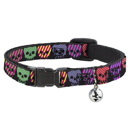 Cat Collar Breakaway - Checker & Stripe Skulls Black Multi Neon