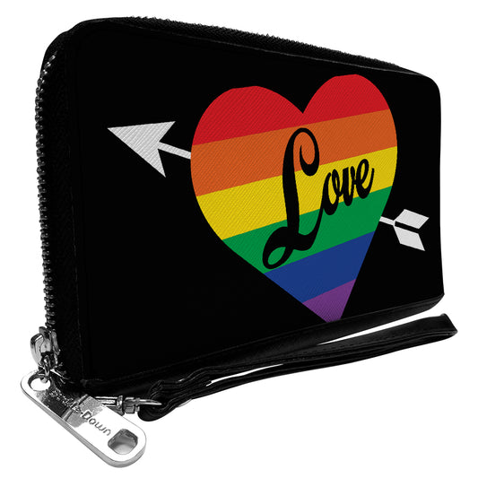 Women's PU Zip Around Wallet Rectangle - LOVE Rainbow Stripe Heart Black Multi Color