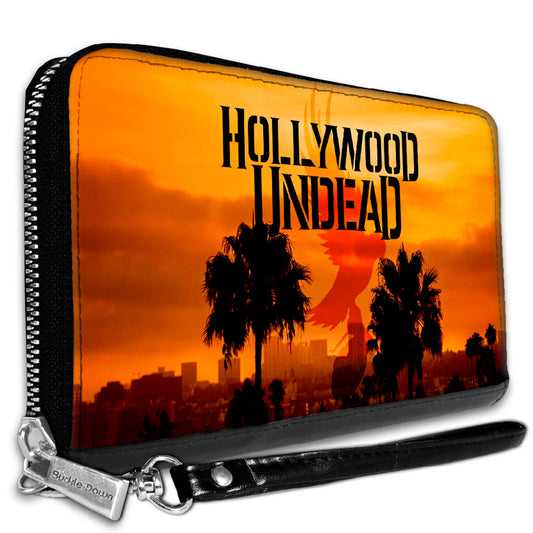 Women's PU Zip Around Wallet Rectangle - HOLLYWOOD UNDEAD Text Logo Skyline Oranges Black