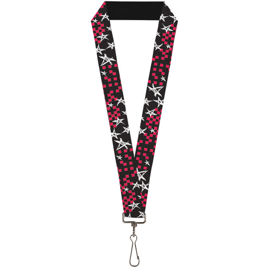 Lanyard - 1.0" - Sketch Stars w Checkers Black Fuchsia White