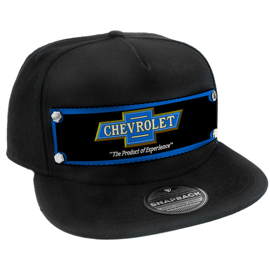 Embellishment Snap Back Hat BLACK - Full Color Strap - 1916 CHEVROLET Bowtie THE PRODUCT OF EXPERIENCE Blue Black Gold White