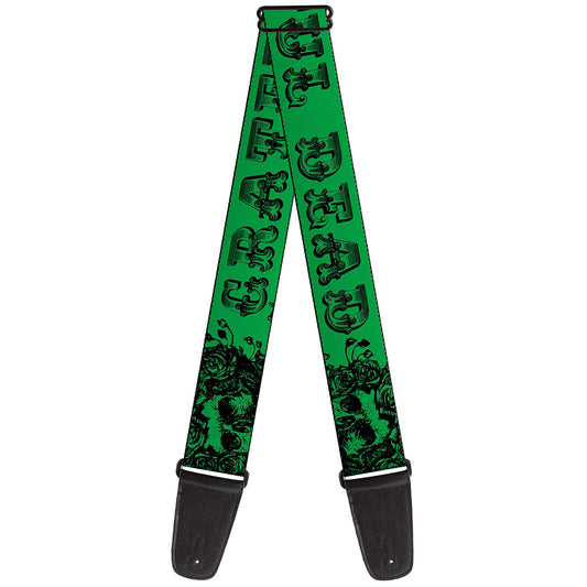 Guitar Strap - Grateful Dead Text w Skull & Roses Green
