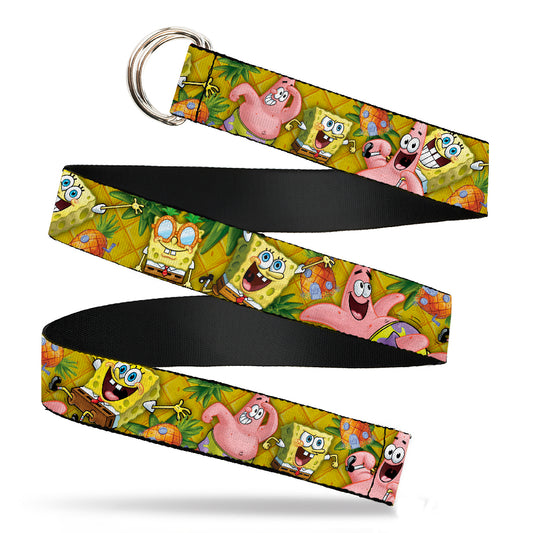 D-Ring Belt - 1.5" - SpongeBob & Patrick Starfish Poses Pineapple Gold
