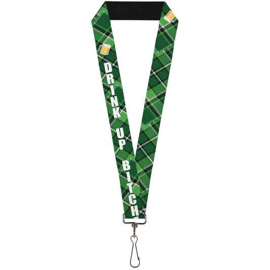 Lanyard - 1.0" - St. Pat's DRINK UP BITCHES Beer Mugs Stacked Shamrocks Greens White Gold