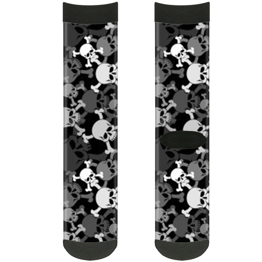 Sock Pair - Polyester - Top Skulls Stacked Black Gray White - CREW