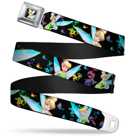 Glowing Tinker Bell Pose Full Color Seatbelt Belt - Glowing Tinker Bell Poses/Butterflies & Flowers Black/Multi Neon Webbing