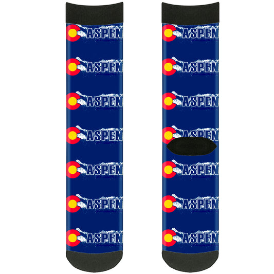 Sock Pair - Polyester - Colorado ASPEN Flag Snowy Mountains Weathered2 Blue White Red Yellows - CREW