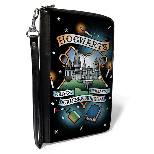 Women's PU Zip Around Wallet Rectangle - Harry Potter HOGWARTS Motto Tattoo Black