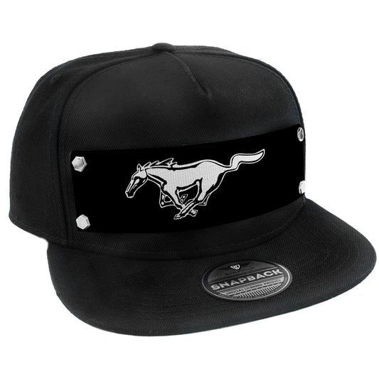 Embellishment Snap Back Hat BLACK - Full Color Strap - Mustang Pony Logo Black White Black