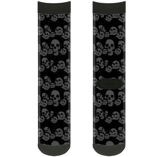 Sock Pair - Polyester - Skulls Stacked Weathered Black Gray - CREW