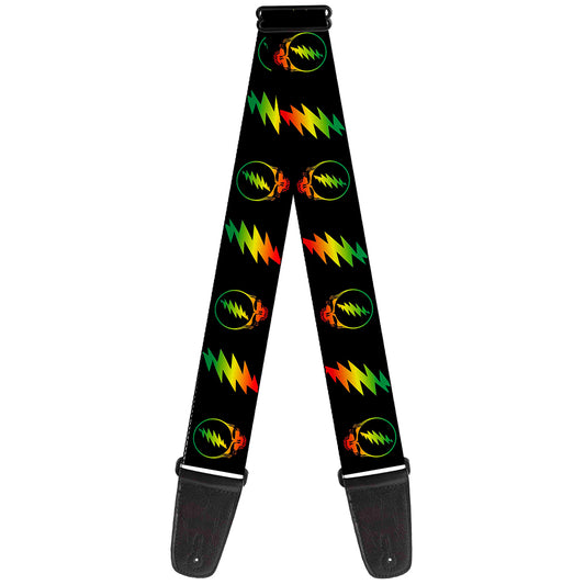 Guitar Strap - Steal Your Face w Lightning Bolt Repeat Black Rasta