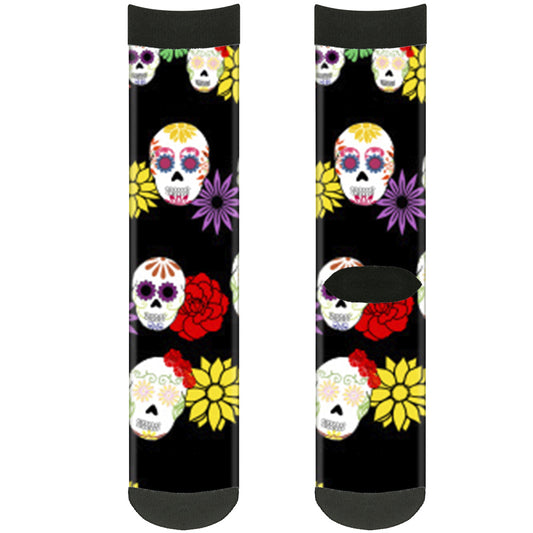 Sock Pair - Polyester - Sugar Skulls & Flowers Black Multi Color - CREW
