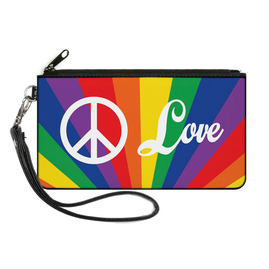 Canvas Zipper Wallet - LARGE - PEACE and LOVE Rainbow Rays Multi Color White