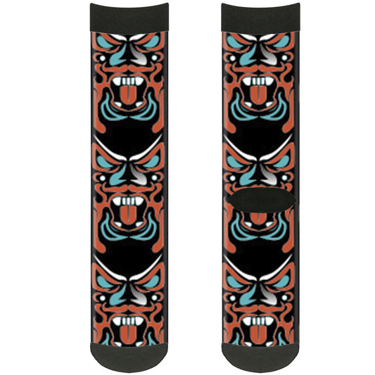 Sock Pair - Polyester - Totem Carvings Black White Orange Turquoise - CREW
