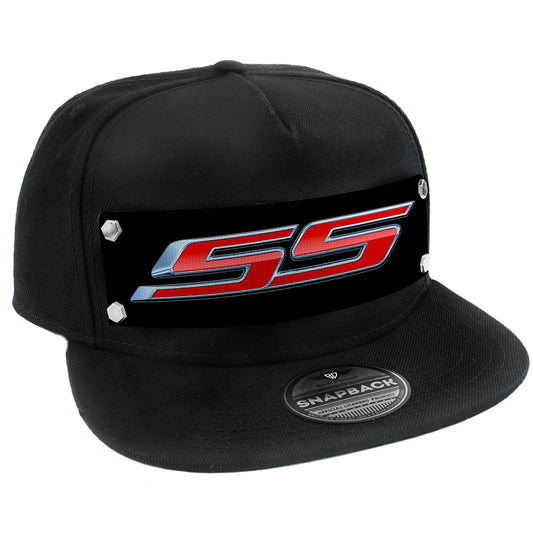 Embellishment Snap Back Hat BLACK - Full Color Strap - Chevrolet SS Emblem Black Silver Red