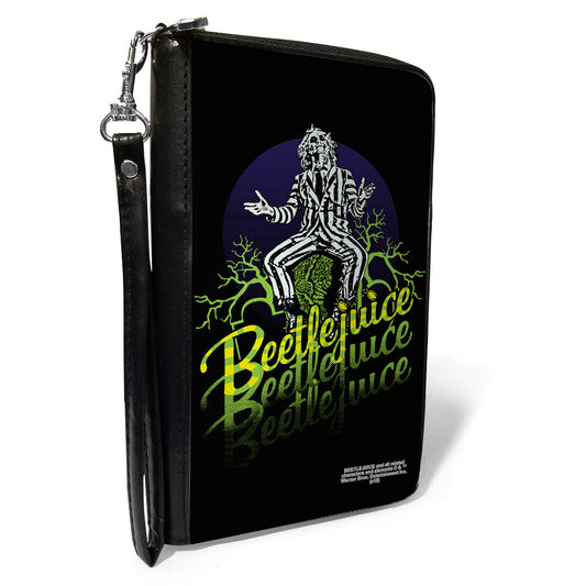 Women's PU Zip Around Wallet Rectangle - BEETLEJUICE Sitting on Tombstone Pose Trees Black Purple Green Yellow