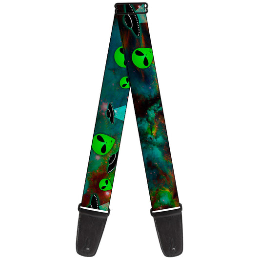 Guitar Strap - Aliens & UFO's Galaxy Green Black White
