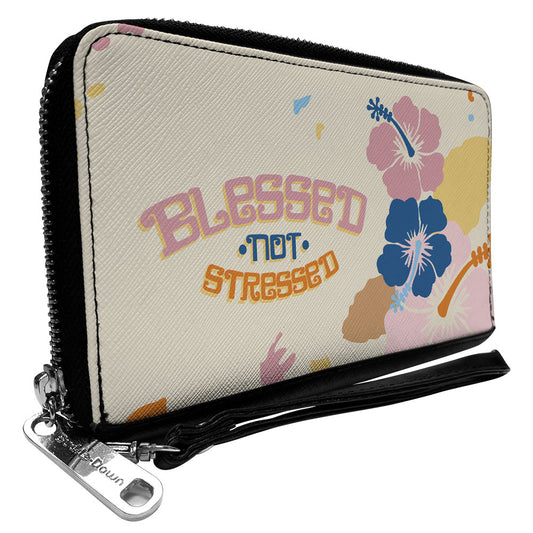 PU Zip Around Wallet Rectangle - BLESSED NOT STRESSED Quote Tropical Flowers Beige Multi Color