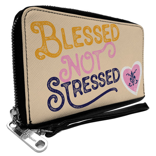 PU Zip Around Wallet Rectangle - BLESSED NOT STRESSED Quote Fleur-de-Lis Beige Multi Color