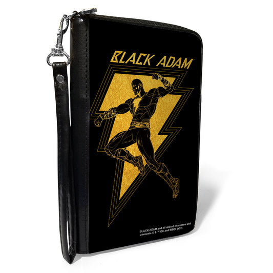PU Zip Around Wallet Rectangle - BLACK ADAM Lightning Bolt and Action Pose Black Yellows