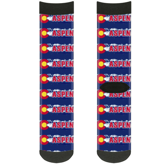 Sock Pair - Polyester - Colorado ASPEN Flag Snowy Mountains Weathered Blue White Red Yellows - CREW
