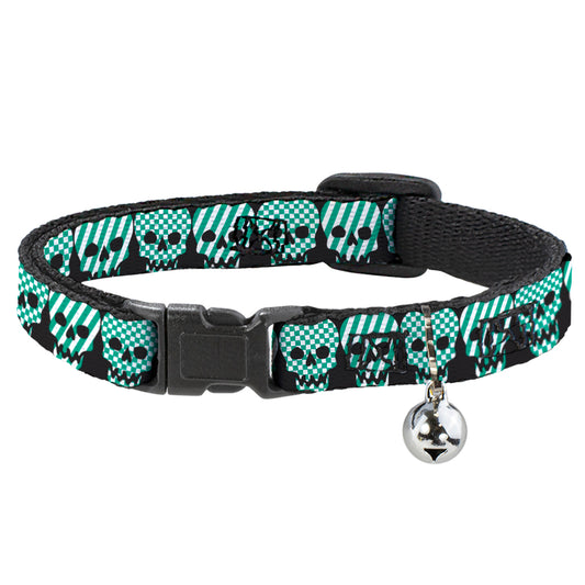 Cat Collar Breakaway - Checker & Stripe Skulls Black White Green