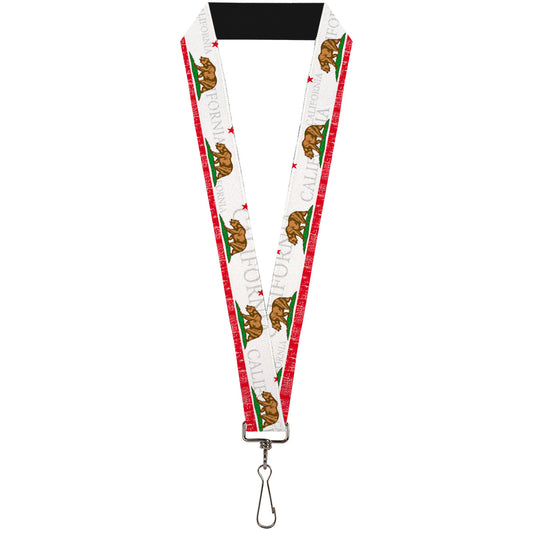 Lanyard - 1.0" - CALIFORNIA Bear Star Crackle Stripe White Gray Red