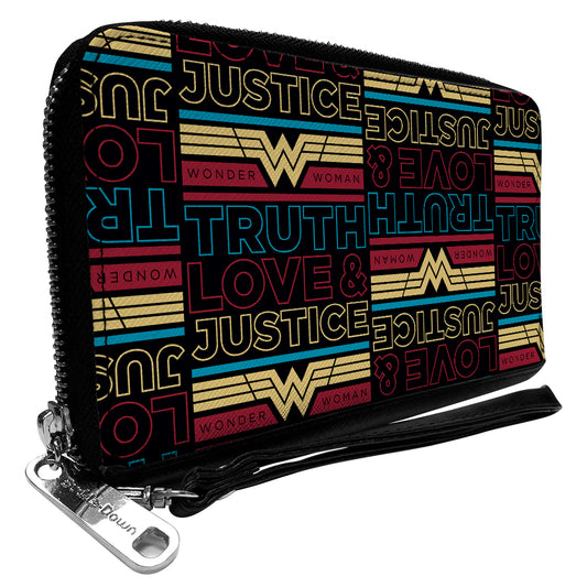 Women's PU Zip Around Wallet Rectangle - Wonder Woman 1984 TRUTH LOVE & JUSTICE Black Blue Red Gold