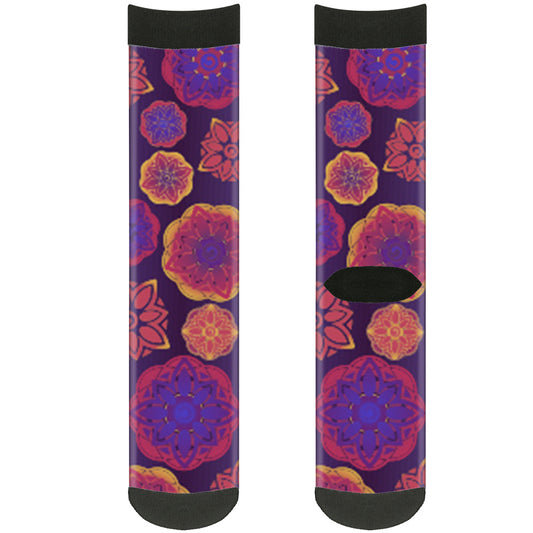 Sock Pair - Polyester - Boho Mandala Purples Oranges Pinks - CREW