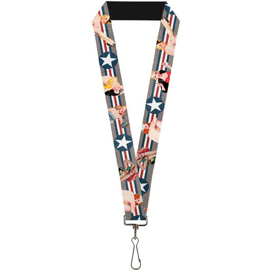 Lanyard - 1.0" - Pin Up Girl Poses CLOSE-UP Star & Stripes Gray Blue White Red