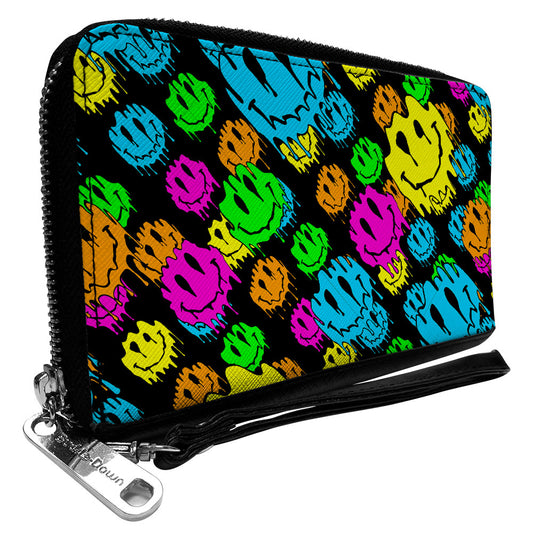 PU Zip Around Wallet Rectangle - Smiley Faces Melted Stacked Black Multi Neon