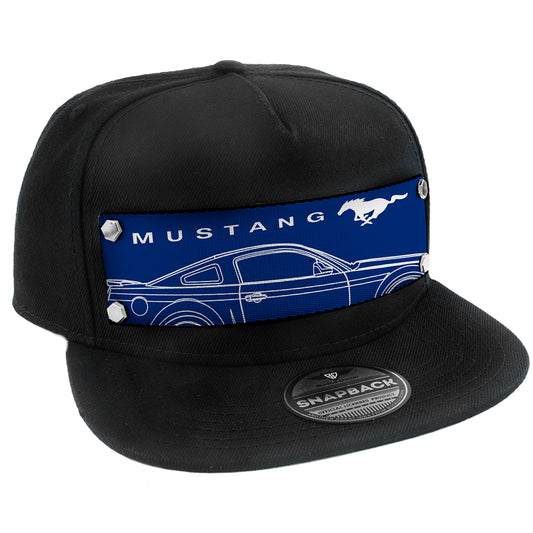 Embellishment Snap Back Hat BLACK - Full Color Strap - MUSTANG Pony Sideview Blueprint Blue White