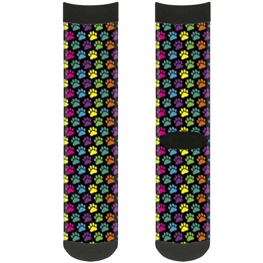 Sock Pair - Polyester - Paw Print Black Multi Color - CREW