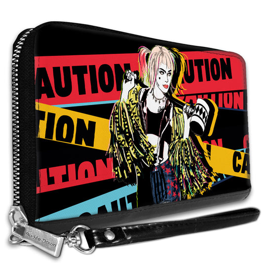 Women's PU Zip Around Wallet Rectangle - Birds of Prey Harley Quinn CAUTION Hammer Pose Black Red Yellow Blue