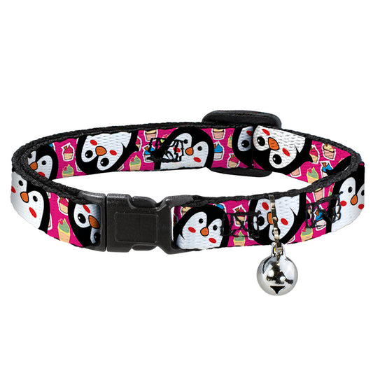 Cat Collar Breakaway - Penguins w Cupcakes Fuchsia Multi Color