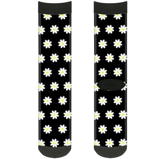 Sock Pair - Polyester - Daisies Scattered Black White Yellow - CREW