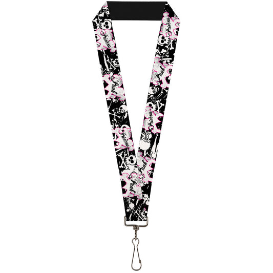 Lanyard - 1.0" - Punk Princess Heart & Cross Bones w Skulls & Splatter Black White