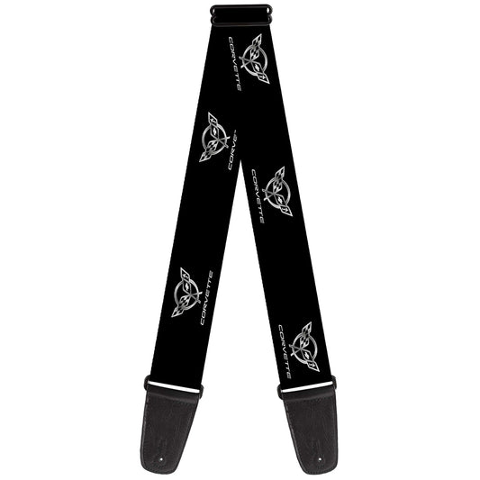 Guitar Strap - Corvette Black Silver Logo Repeat