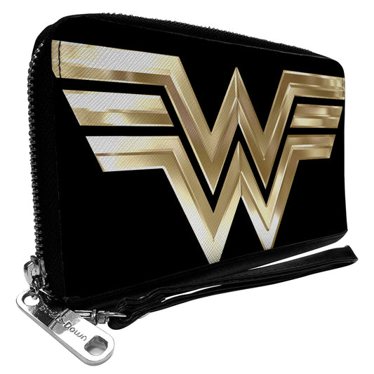 Women's PU Zip Around Wallet Rectangle - Wonder Woman 1984 WW Logo Black Golds