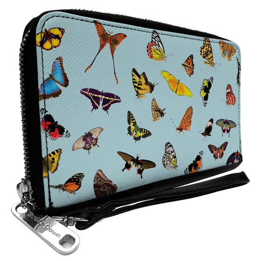 Women's PU Zip Around Wallet Rectangle - Butterflies Scattered Baby Blue