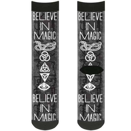 Sock Pair - Polyester - Magic Symbols BELIEVE IN MAGIC Grays White - CREW