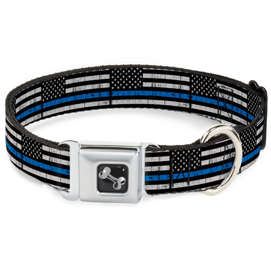 Dog Bone Seatbelt Buckle Collar - Thin Blue Line Flag Weathered Black/Gray/Blue