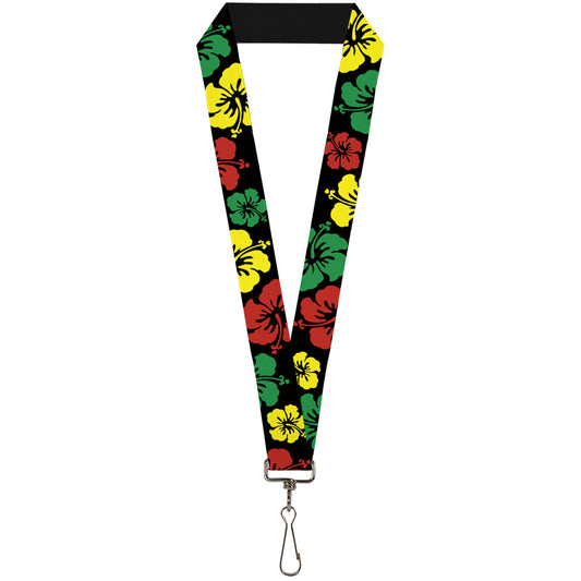 Lanyard - 1.0" - Hibiscus CLOSE-UP Black Green Yellow Red